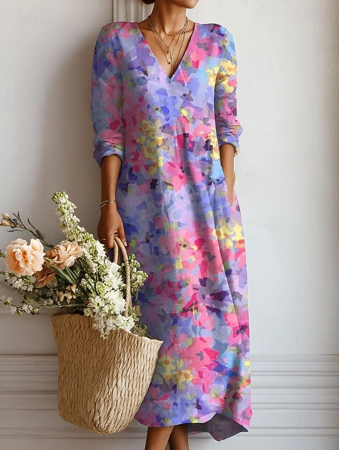 Lauren | Women's Elegant Floral V-Neck Long Sleeve Midi Dress-Metro Lane Plaza