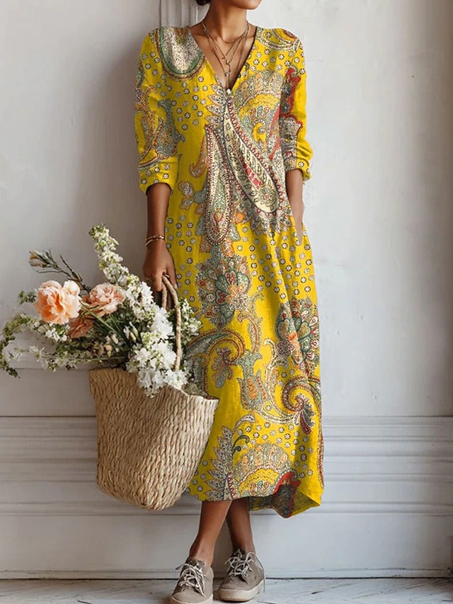 Lauren | Women's Elegant Floral V-Neck Long Sleeve Midi Dress-Metro Lane Plaza