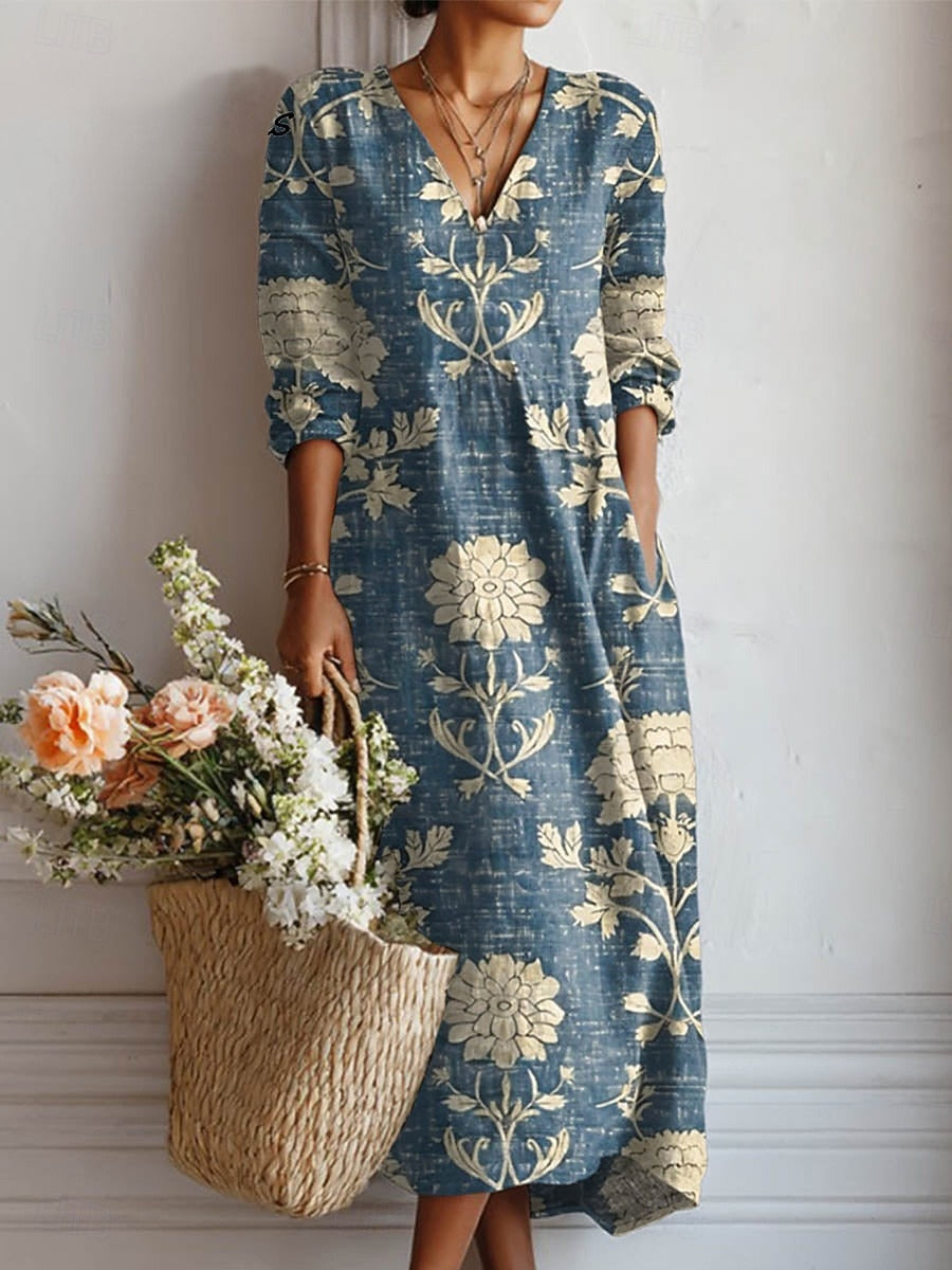 Lauren | Women's Elegant Floral V-Neck Long Sleeve Midi Dress-Metro Lane Plaza