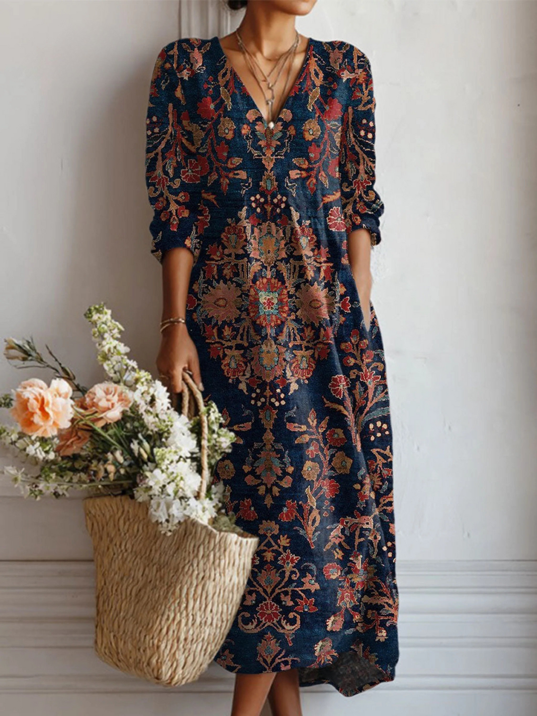 Lauren | Women's Elegant Floral V-Neck Long Sleeve Midi Dress-Metro Lane Plaza