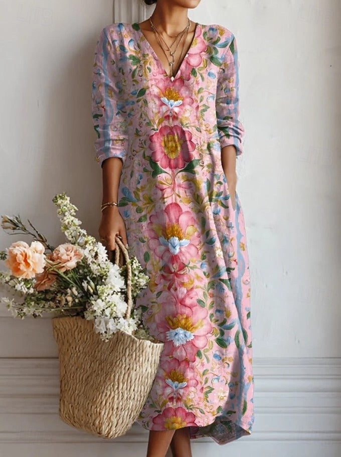 Lauren | Women's Elegant Floral V-Neck Long Sleeve Midi Dress-Metro Lane Plaza