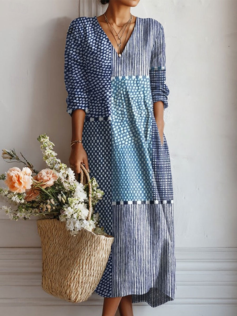 Lauren | Women's Elegant Floral V-Neck Long Sleeve Midi Dress-Metro Lane Plaza