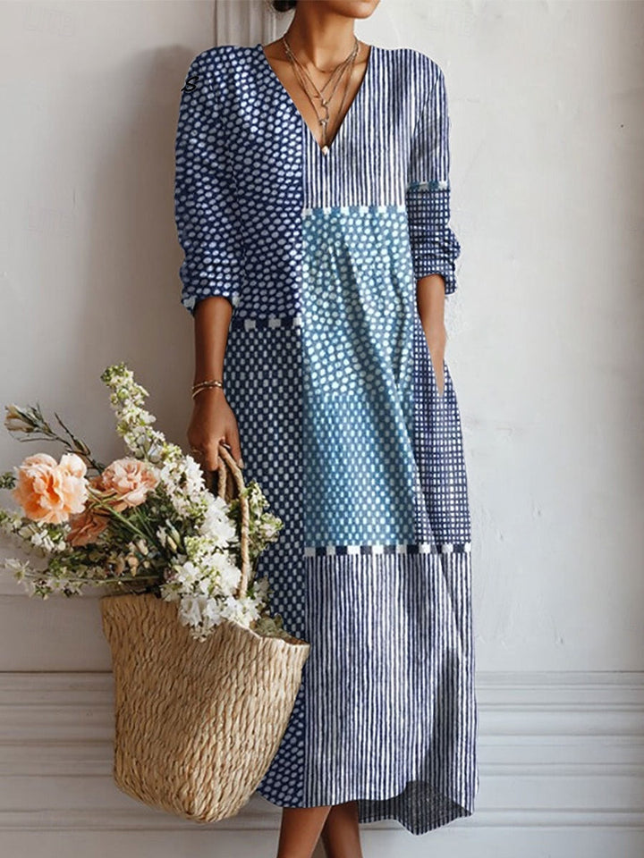 Lauren | Women's Elegant Floral V-Neck Long Sleeve Midi Dress-Metro Lane Plaza
