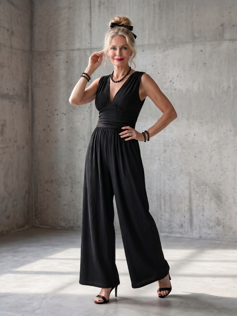 Charlotte | Women's Elegant Deep V-Neck Wide-Leg Jumpsuit-Metro Lane Plaza