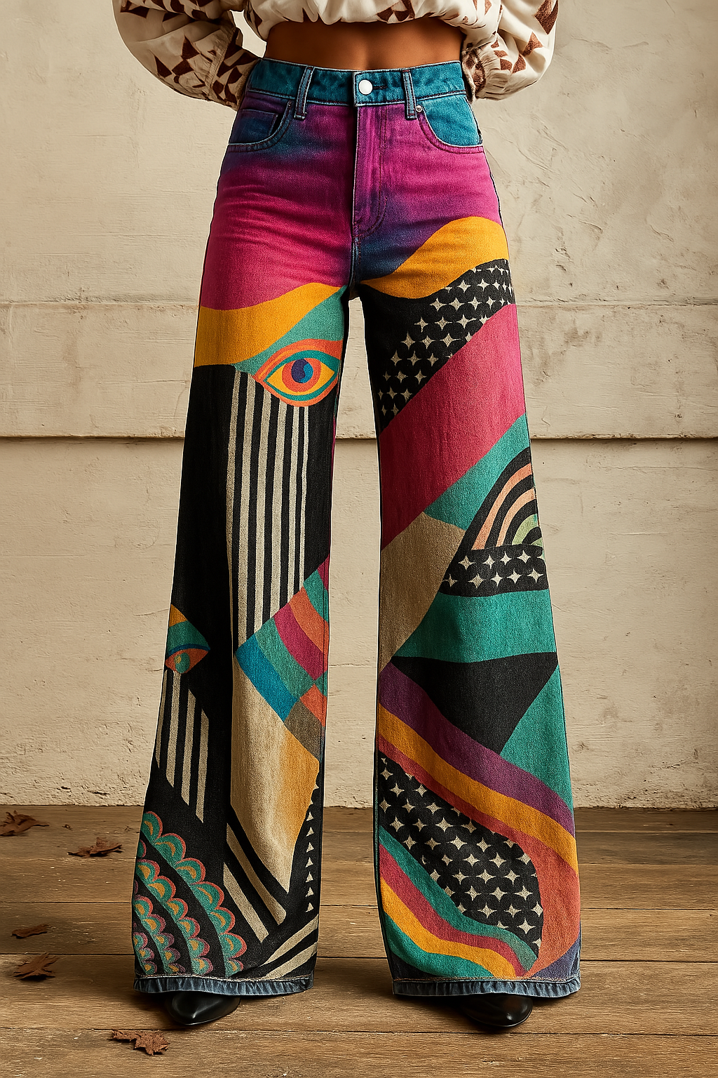 Sophia | Women's Graphic Wide-Leg Pants-Metro Lane Plaza