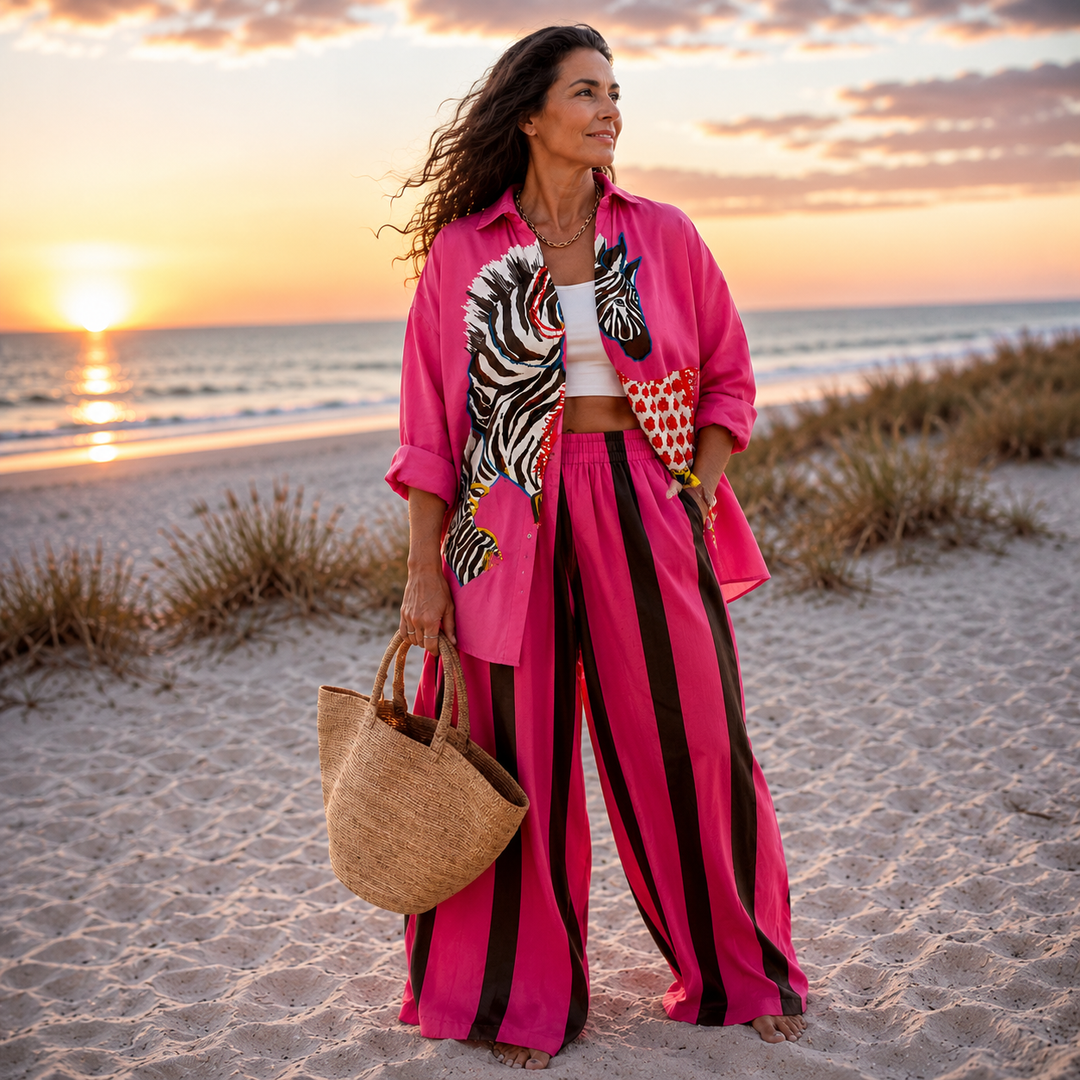 Conjunto coordinado relajado con estampado oceánico para mujer
