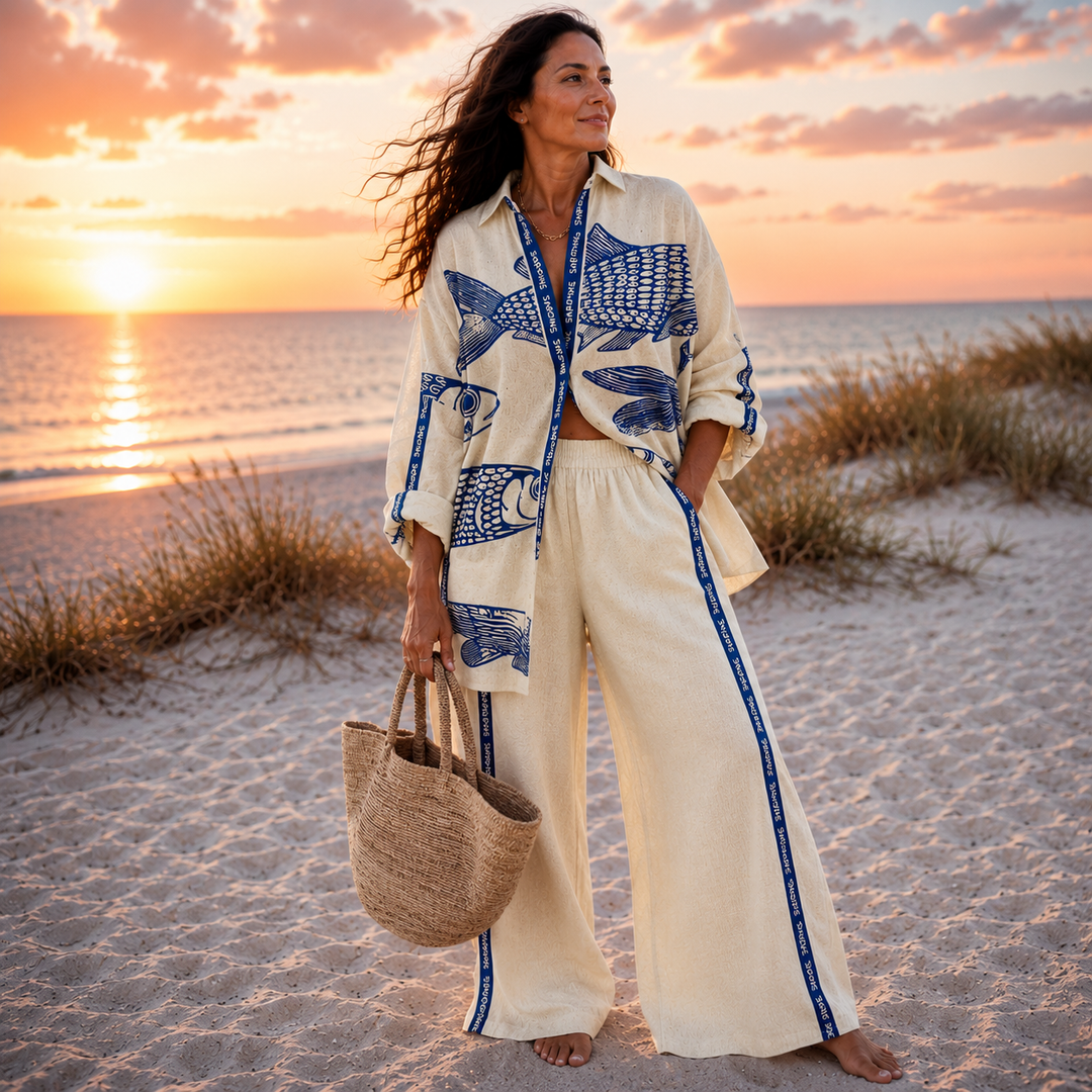 Conjunto coordinado relajado con estampado oceánico para mujer