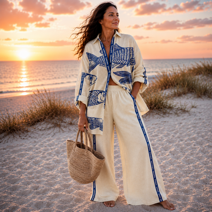 Conjunto coordinado relajado con estampado oceánico para mujer