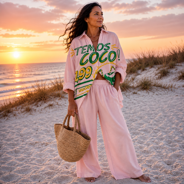Conjunto coordinado relajado con estampado oceánico para mujer
