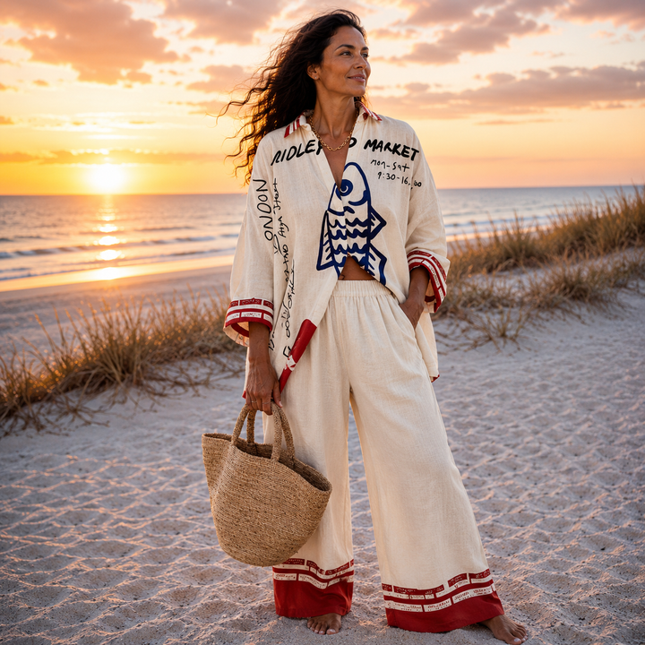 Conjunto coordinado relajado con estampado oceánico para mujer