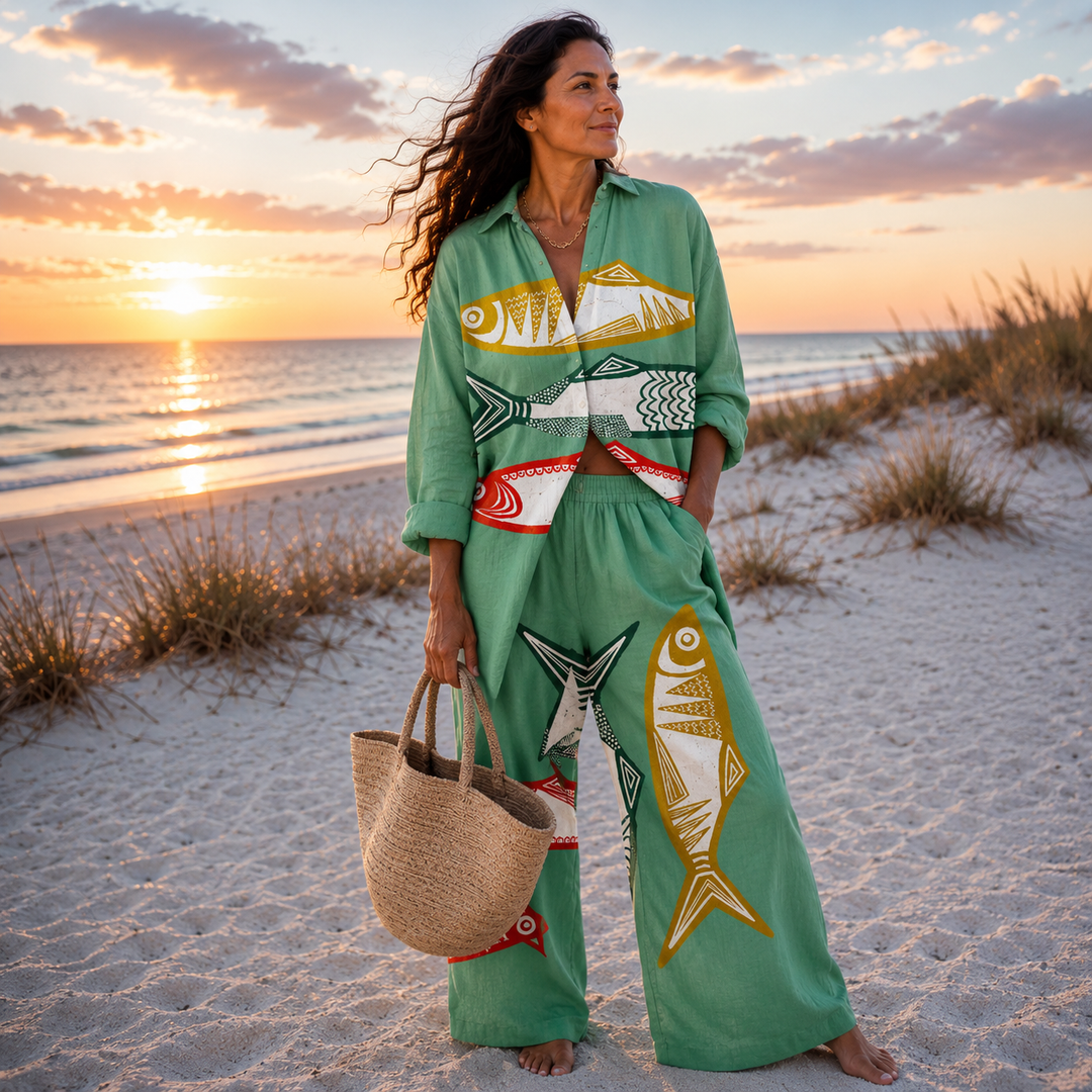 Conjunto coordinado relajado con estampado oceánico para mujer