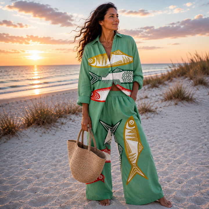 Conjunto coordinado relajado con estampado oceánico para mujer