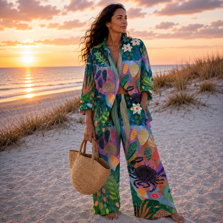 Conjunto coordinado relajado con estampado oceánico para mujer