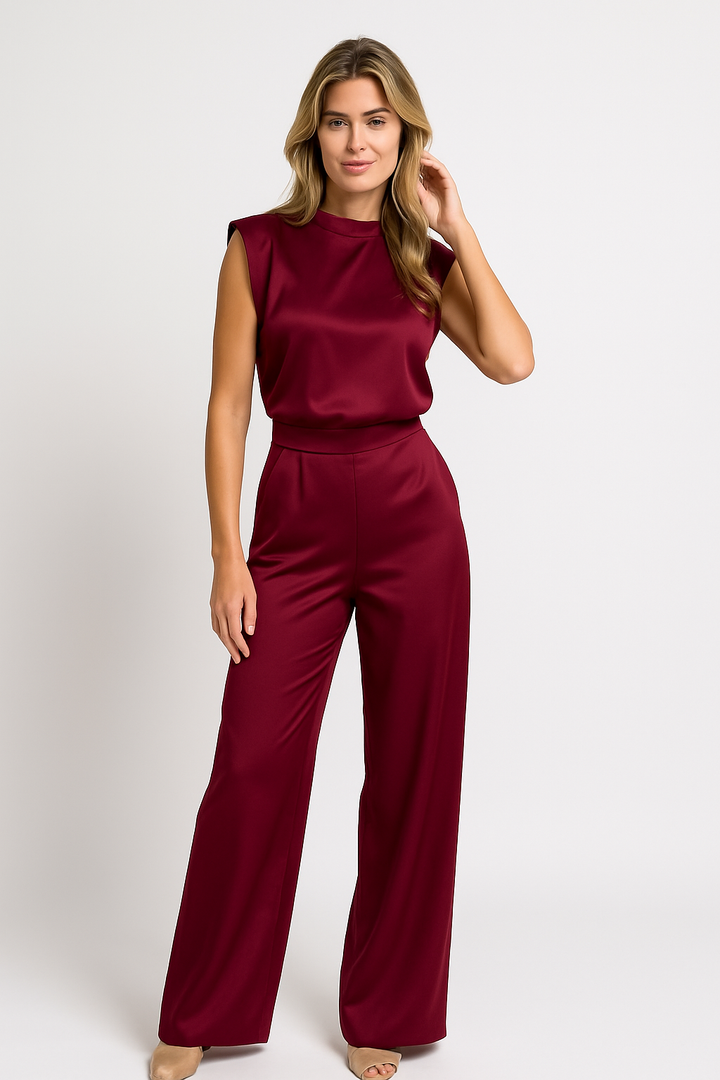 Catharina | Women's Jumpsuit – Satin Finish, Sleeveless, Wide Leg Design-Metro Lane Plaza
