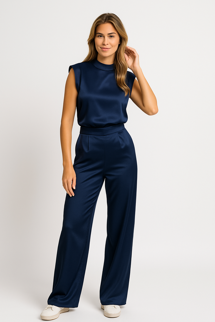 Catharina | Women's Jumpsuit – Satin Finish, Sleeveless, Wide Leg Design-Metro Lane Plaza
