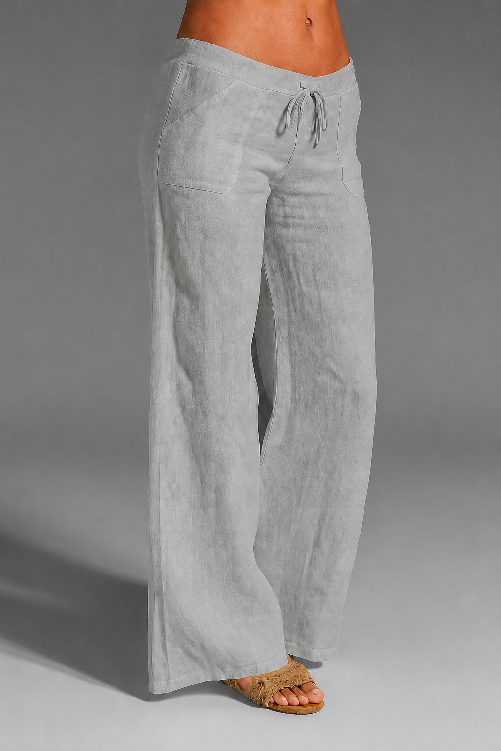 Pantalones de lino de pierna ancha y corte relajado para mujer con cintura ajustable