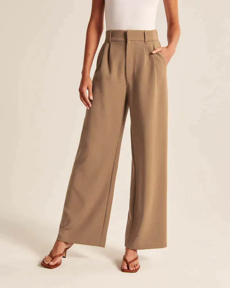 Women's High Waist Wide Leg Tailored Trousers with Pleats