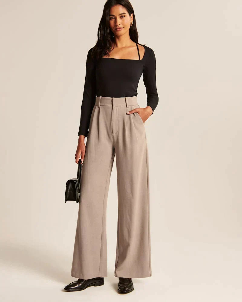 Women's High Waist Wide Leg Tailored Trousers with Pleats