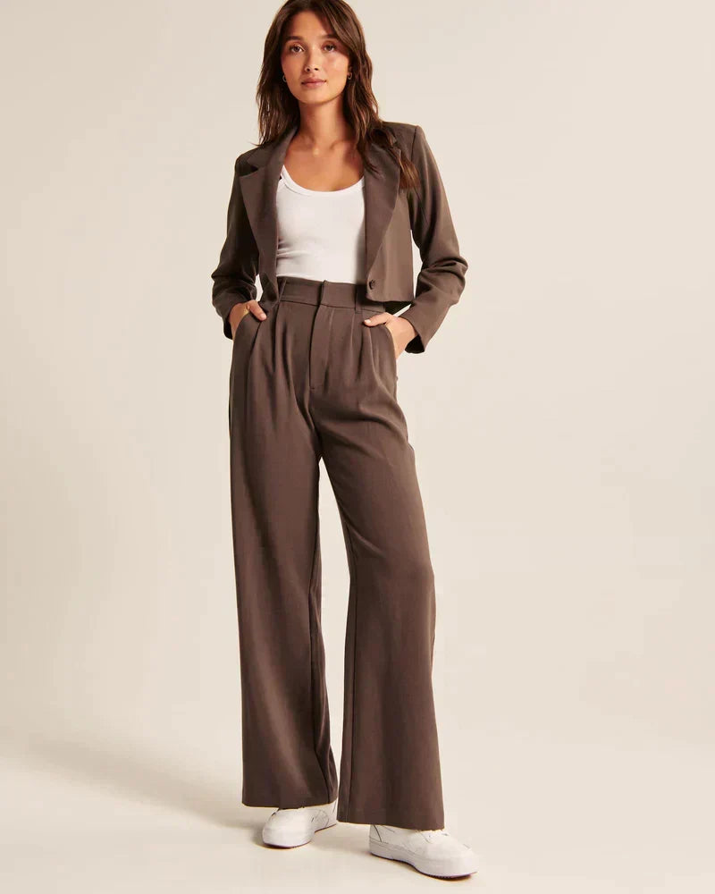 Women's High Waist Wide Leg Tailored Trousers with Pleats