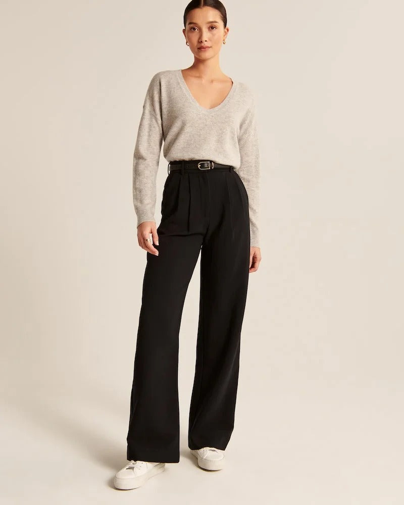 Women's High Waist Wide Leg Tailored Trousers with Pleats