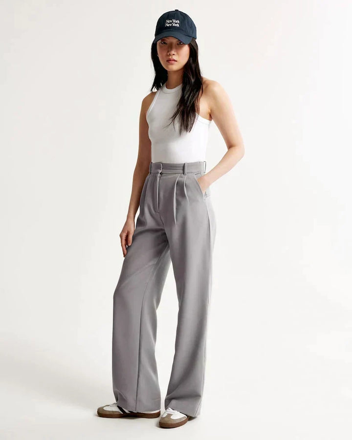 Women's High Waist Wide Leg Tailored Trousers with Pleats