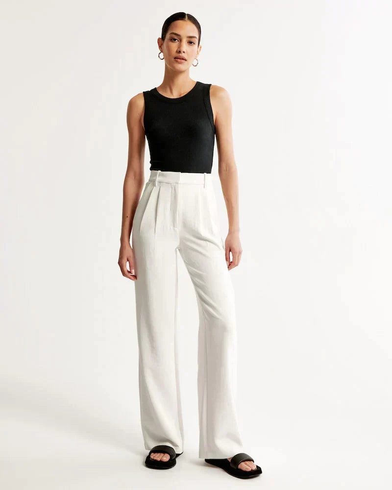 Women's High Waist Wide Leg Tailored Trousers with Pleats