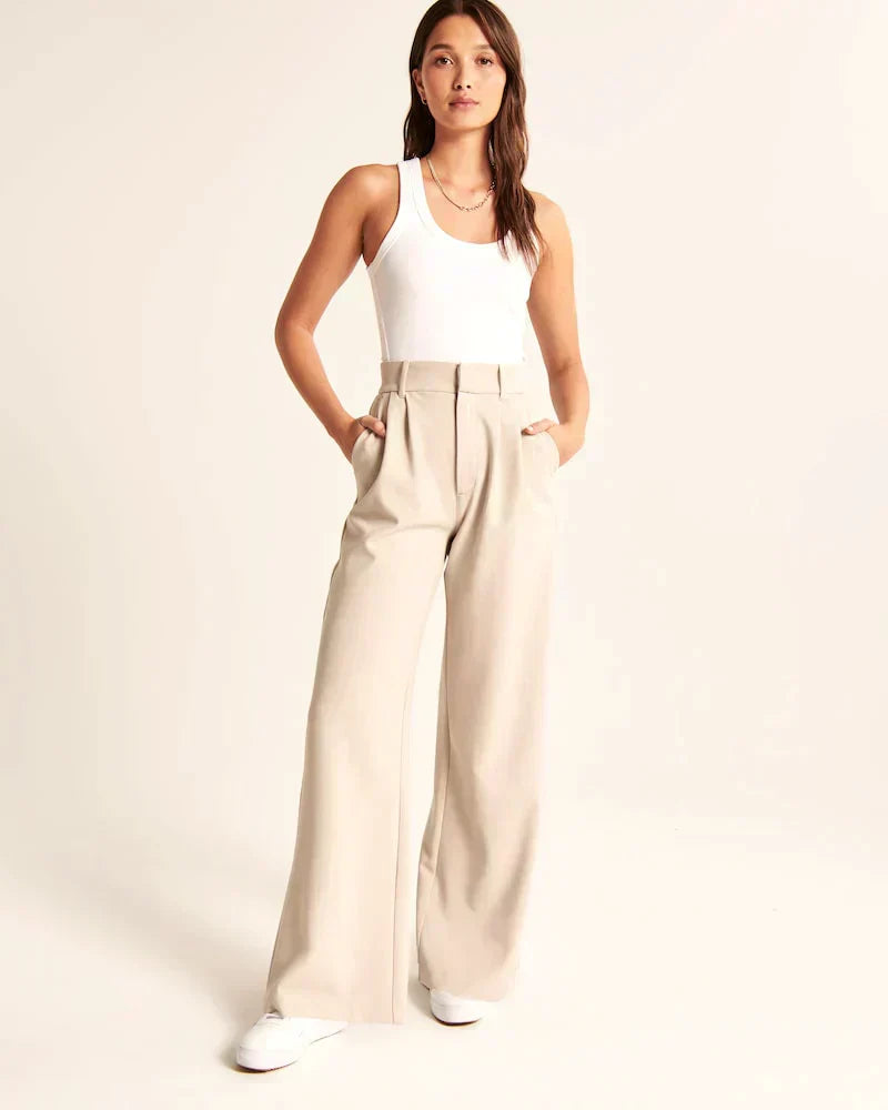 Women's High Waist Wide Leg Tailored Trousers with Pleats