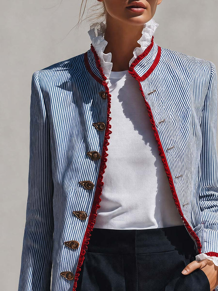 Women's Striped Jacket with Ruffled Stand Collar