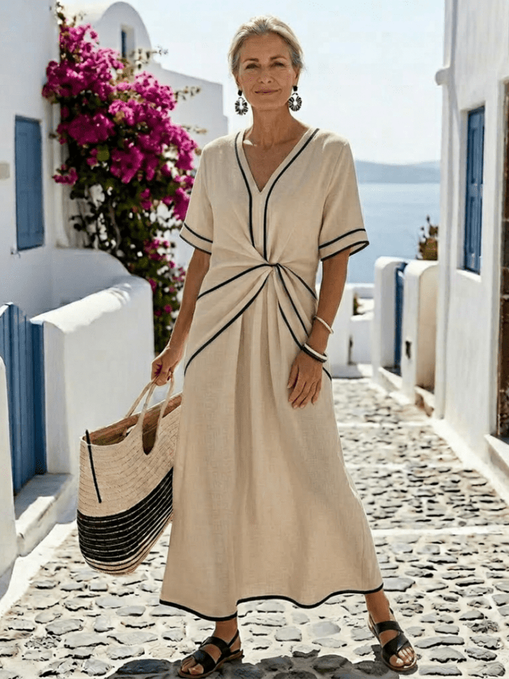 Daisy | Women's Elegant Gathered Waist Midi Dress with Sleeves-Metro Lane Plaza