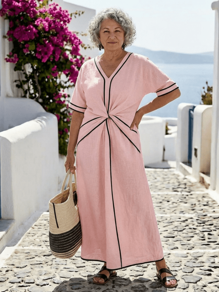 Daisy | Women's Elegant Gathered Waist Midi Dress with Sleeves-Metro Lane Plaza