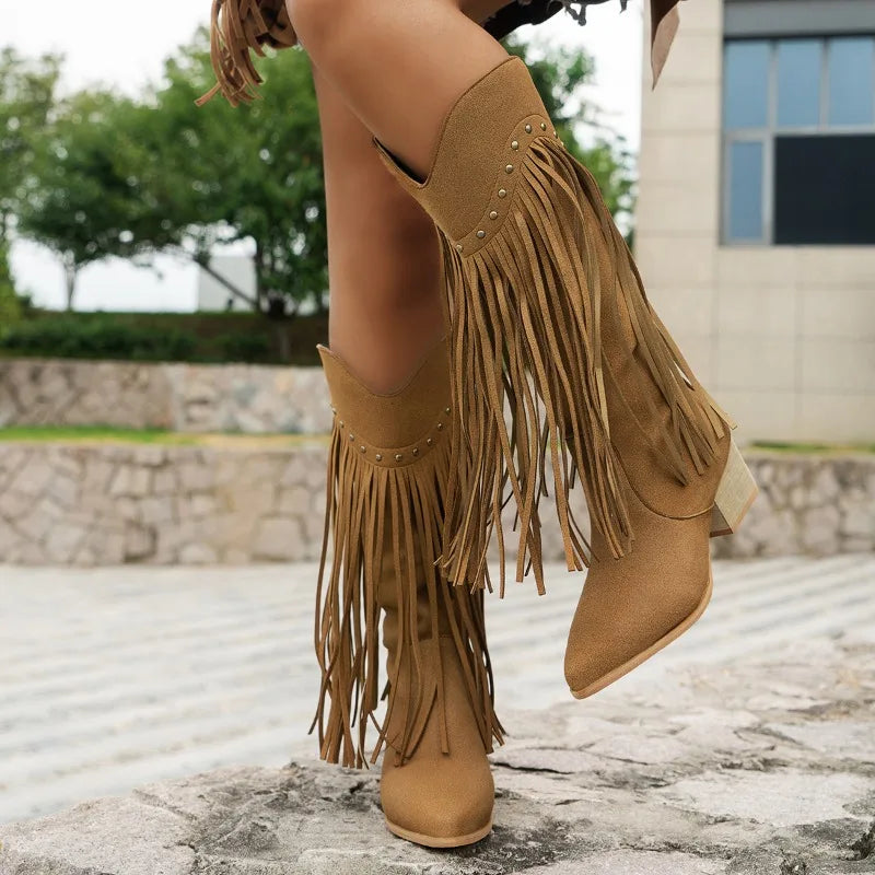 Women's Fringe Knee High Western Style Boots