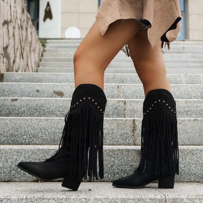 Women's Fringe Knee High Western Style Boots