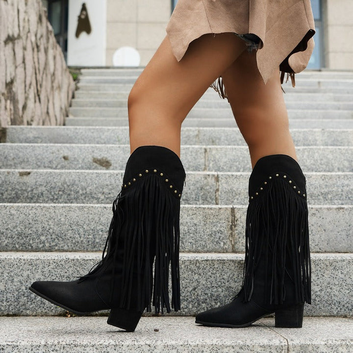 Women's Fringe Knee High Western Style Boots