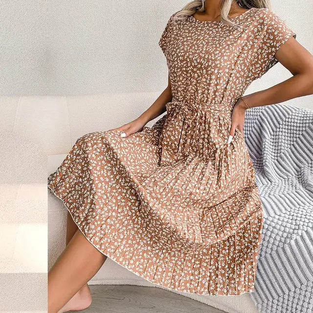 Sophia | Women's Pleated Midi Dress with Waist Tie-Metro Lane Plaza