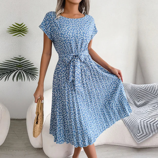 Sophia | Women's Pleated Midi Dress with Waist Tie-Metro Lane Plaza