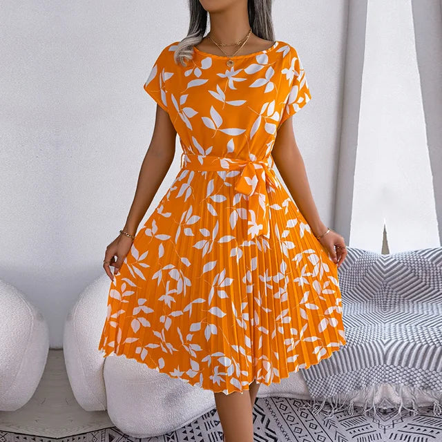 Sophia | Women's Pleated Midi Dress with Waist Tie-Metro Lane Plaza