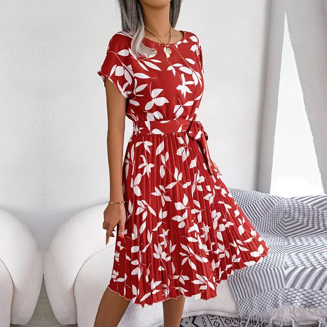 Sophia | Women's Pleated Midi Dress with Waist Tie-Metro Lane Plaza