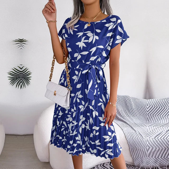 Sophia | Women's Pleated Midi Dress with Waist Tie-Metro Lane Plaza