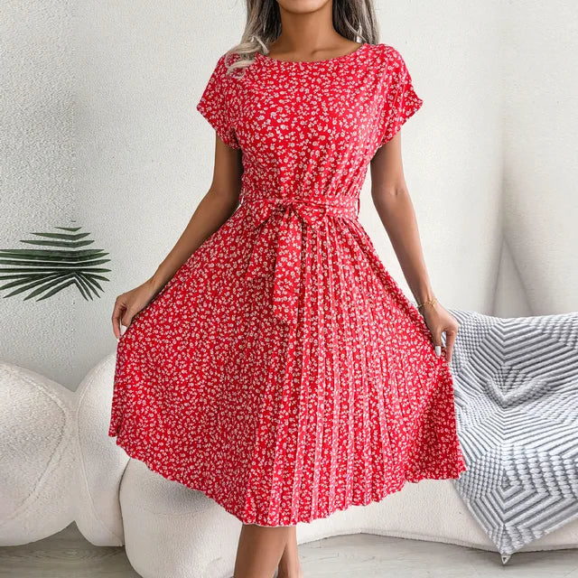 Sophia | Women's Pleated Midi Dress with Waist Tie-Metro Lane Plaza