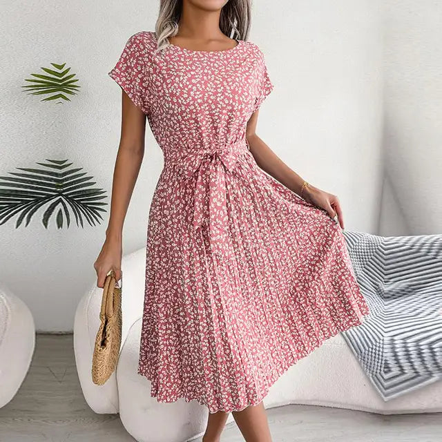 Sophia | Women's Pleated Midi Dress with Waist Tie-Metro Lane Plaza