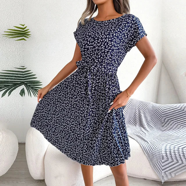Sophia | Women's Pleated Midi Dress with Waist Tie-Metro Lane Plaza