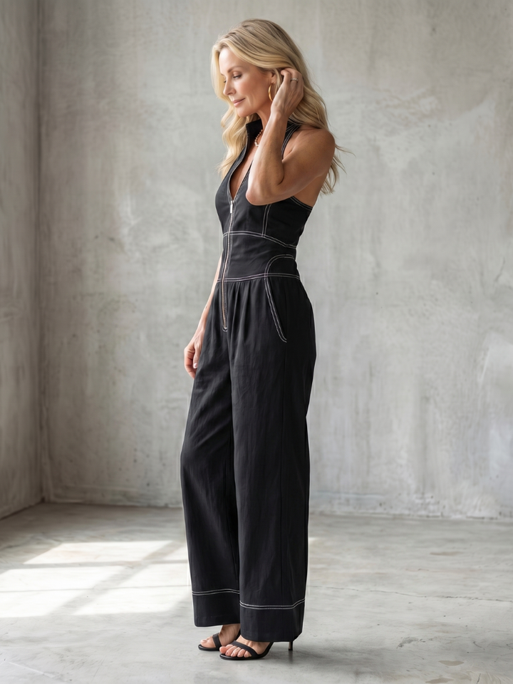 Barbara | Women's Elegant Wide Leg Halter Jumpsuit with Contrast Stitching-Metro Lane Plaza