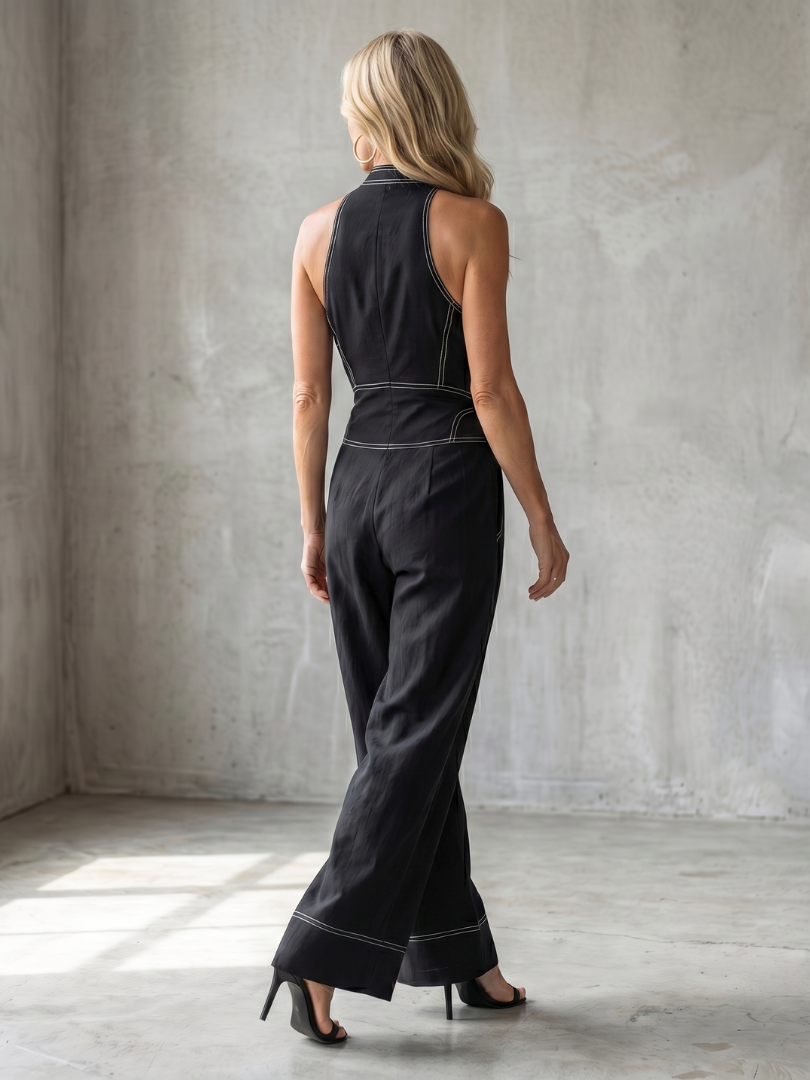 Barbara | Women's Elegant Wide Leg Halter Jumpsuit with Contrast Stitching-Metro Lane Plaza