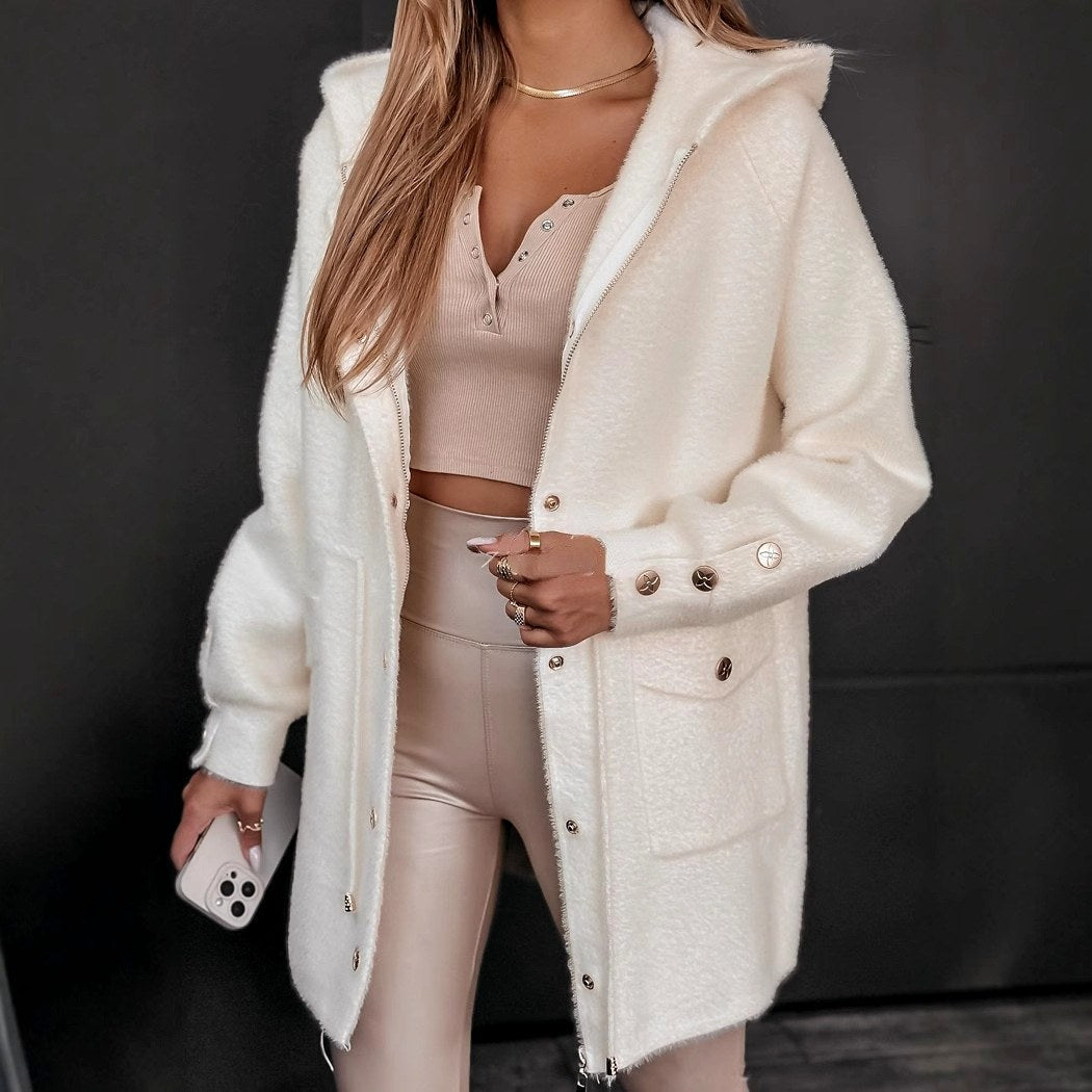 Damen-Langjacke mit Kapuze und flauschigem Material