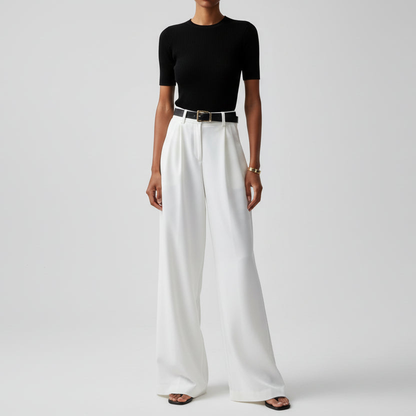 Pantalones elegantes de pierna ancha y talle alto para mujer, con pliegues