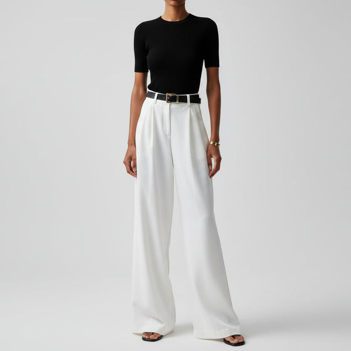 Pantalones elegantes de pierna ancha y talle alto para mujer, con pliegues