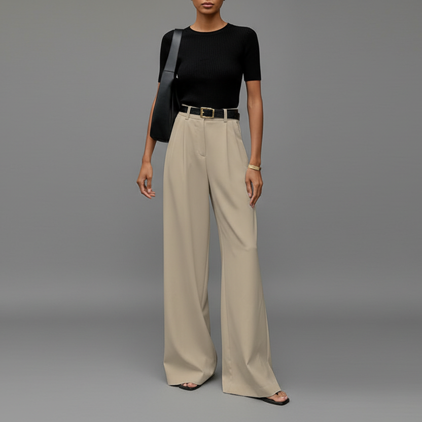 Pantalones elegantes de pierna ancha y talle alto para mujer, con pliegues