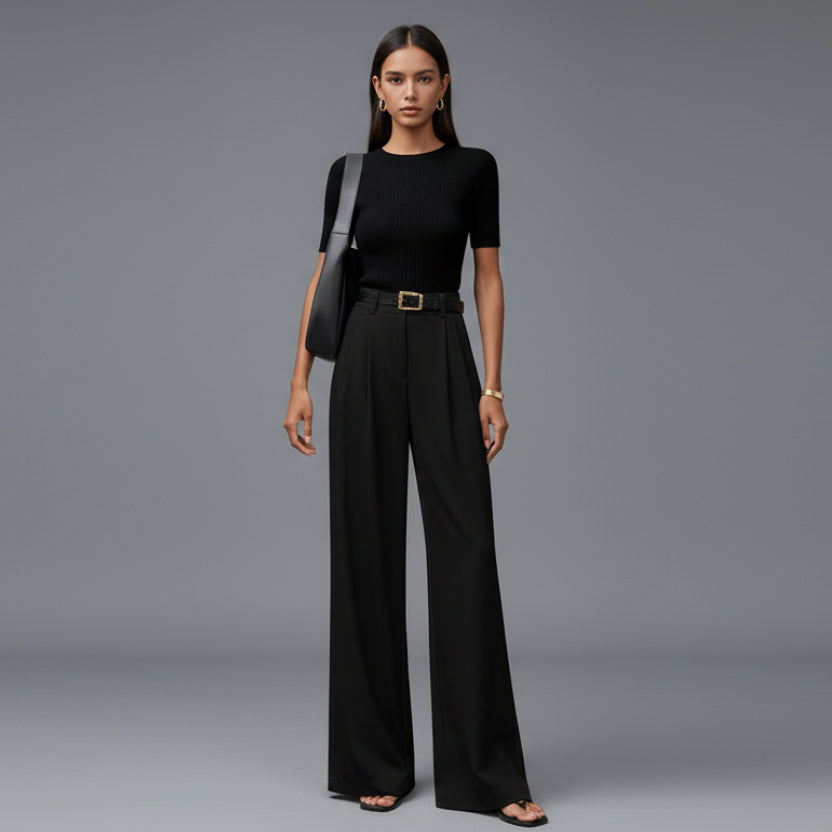 Pantalones elegantes de pierna ancha y talle alto para mujer, con pliegues