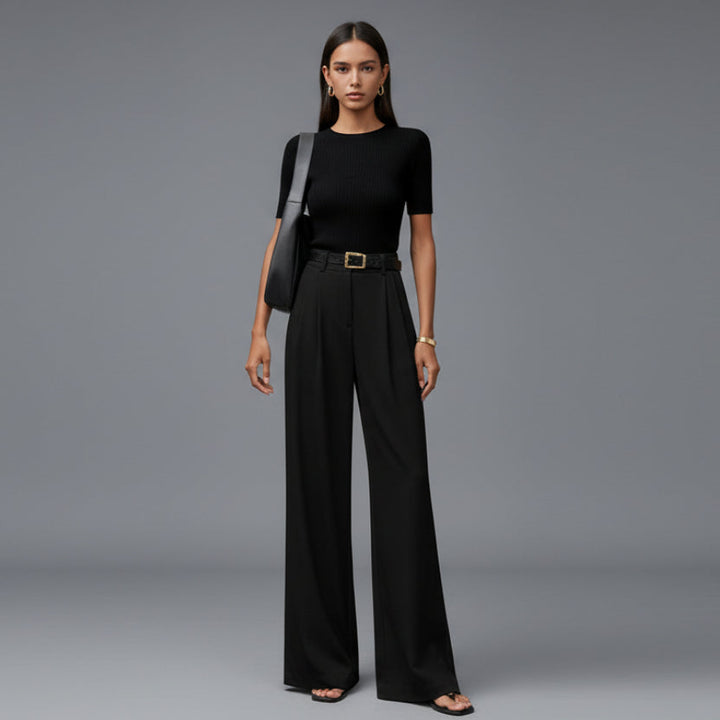 Pantalones elegantes de pierna ancha y talle alto para mujer, con pliegues