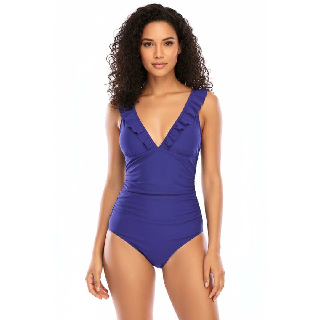 Elisa | Women's Elegant V-Neck Swimsuit with Ruffle Details-Metro Lane Plaza